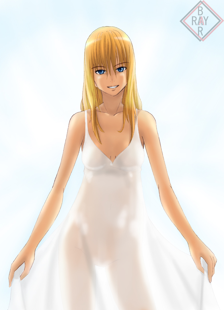 raybar, original, bad id, bad pixiv id, 1girl, blonde hair, blue eyes, dress, female focus, see-through clothes, see-through silhouette, solo, sundress