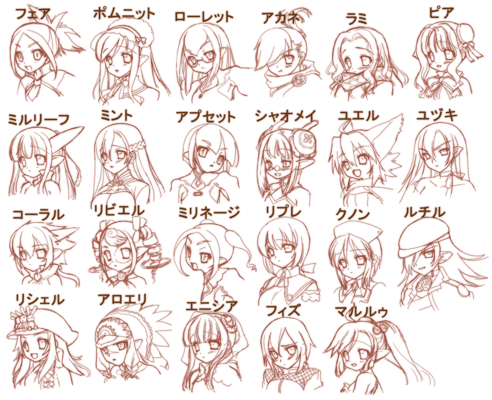 akane (summon night), apset, aroeri, coral (summon night), cunnon, enicia, fea (summon night), fizz (summon night), laurette, lipre, lisher, marurur, milineage, millinage, milreaf, mint (summon night), piar, pomnit, rami, riviel, rolett, rutile (summon night), shaomei, upset (summon night), yuel (summon night), yuzuki (summon night), summon night, summon night 2, summon night 3, summon night 4, summon night ex-thesis, highres, translation request, 6+girls, bun cover, double bun, drill hair, glasses, hair bun, hat, monochrome, multiple girls, pince-nez, pointy ears, red theme, scar, twin drills, twintails