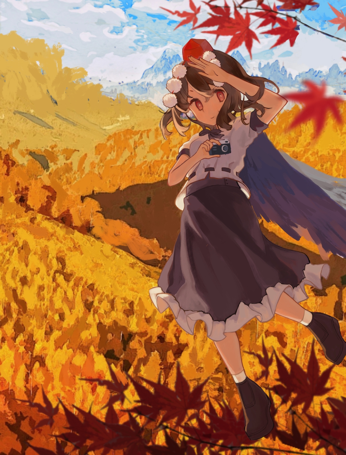 shameimaru aya, touhou, highres, 1girl, autumn, autumn leaves, black bow, black bowtie, black hair, black skirt, black wings, bow, bowtie, camera, closed mouth, cloud, feathered wings, frilled skirt, frills, full body, hand up, hat, he xiao, holding, holding camera, leaf, looking at viewer, maple leaf, mountainous, mountainous horizon, puffy short sleeves, puffy sleeves, red eyes, red hat, salute, shirt, short hair, short sleeves, simple background, skirt, sky, smug, solo, tengu, tokin hat, wings