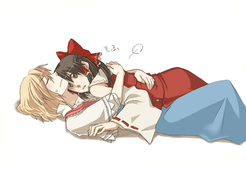 torinone, alice margatroid, hakurei reimu, touhou, tired, 2girls, blonde hair, blush, brown eyes, brown hair, closed eyes, confused, detached sleeves, female focus, girl on top, hug, japanese clothes, lying, miko, multiple girls, on back, open clothes, open shirt, see-through clothes, shirt, short hair, sweat, yuri