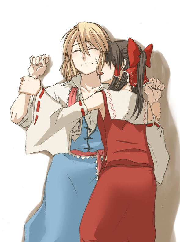 torinone, alice margatroid, hakurei reimu, touhou, 2girls, blonde hair, blush, brown hair, closed eyes, detached sleeves, faceless, faceless female, female focus, from above, girl on top, hair ribbon, holding another's wrist, japanese clothes, licking, lying, miko, multiple girls, open clothes, open shirt, ponytail, rape, restrained, ribbon, shirt, short hair, sweat, tongue, white background, yuri
