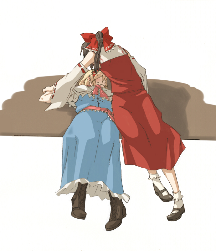 torinone, alice margatroid, hakurei reimu, touhou, looking away, 2girls, arm support, artistic error, blonde hair, blush, boots, brown hair, detached sleeves, faceless, faceless female, female focus, holding another's wrist, japanese clothes, lying, miko, multiple girls, ponytail, restrained, shoes, short hair, shy, socks, sweat, white background, yuri