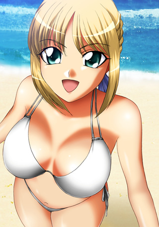 yadokari genpachirou, artoria pendragon (fate), saber (fate), fate/stay night, fate (series), lowres, 00s, :d, aqua eyes, beach, bikini, blonde hair, blue eyes, breasts, cleavage, day, large breasts, ocean, open mouth, side-tie bikini bottom, smile, solo, swimsuit, thighs, white bikini