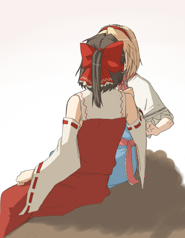 torinone, alice margatroid, hakurei reimu, touhou, 2girls, blonde hair, brown hair, detached sleeves, female focus, hair ribbon, hairband, japanese clothes, kiss, miko, multiple girls, ponytail, pulling, ribbon, short hair, sitting, surprised, sweat, yuri
