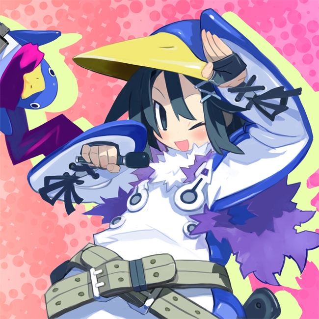 harada takehito, asagiri asagi, prinny, disgaea, nippon ichi, phantom kingdom, prinny (series), prinny can i really be the hero?, prinny ~ore ga shujinkou de iinsuka?~, 1girl, belt, bird, cosplay, female focus, fingerless gloves, gloves, microphone, one eye closed, penguin, prinny (cosplay), prinny (seres), salute, scarf, solo, wink