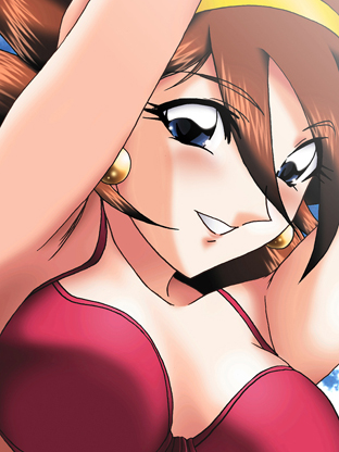yadokari genpachirou, rain mikamura, g gundam, gundam, lowres, 1990s (style), 1girl, armpits, arms behind head, arms up, bikini, blue eyes, blush, brown hair, cloud, earrings, female focus, grin, hair between eyes, jewelry, looking at viewer, outdoors, red bikini, retro artstyle, short hair, sky, smile, solo, swimsuit, upper body