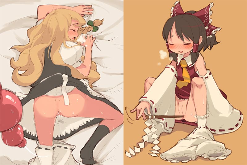 mota, hakurei reimu, kirisame marisa, touhou, anal, anal beads, anal object insertion, anus, ass, blush, bottomless, cleft of venus, clothes lift, female focus, gohei, japanese clothes, loli, long hair, masturbation, miko, no panties, object insertion, sex toy, skirt, skirt lift, wand, witch