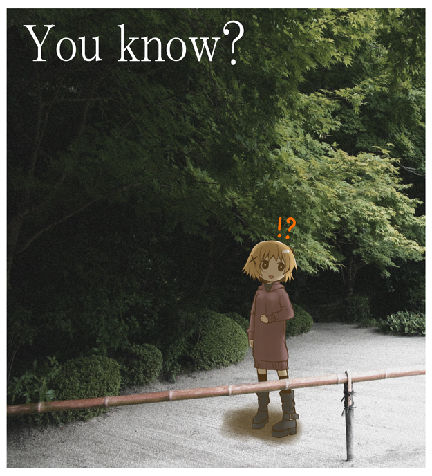 totsuki tooka, yuno (hidamari sketch), hidamari sketch, !?, 00s, 1girl, border, brown eyes, brown hair, casual, english text, engrish text, female focus, photo background, pun, ranguage, short hair, solo