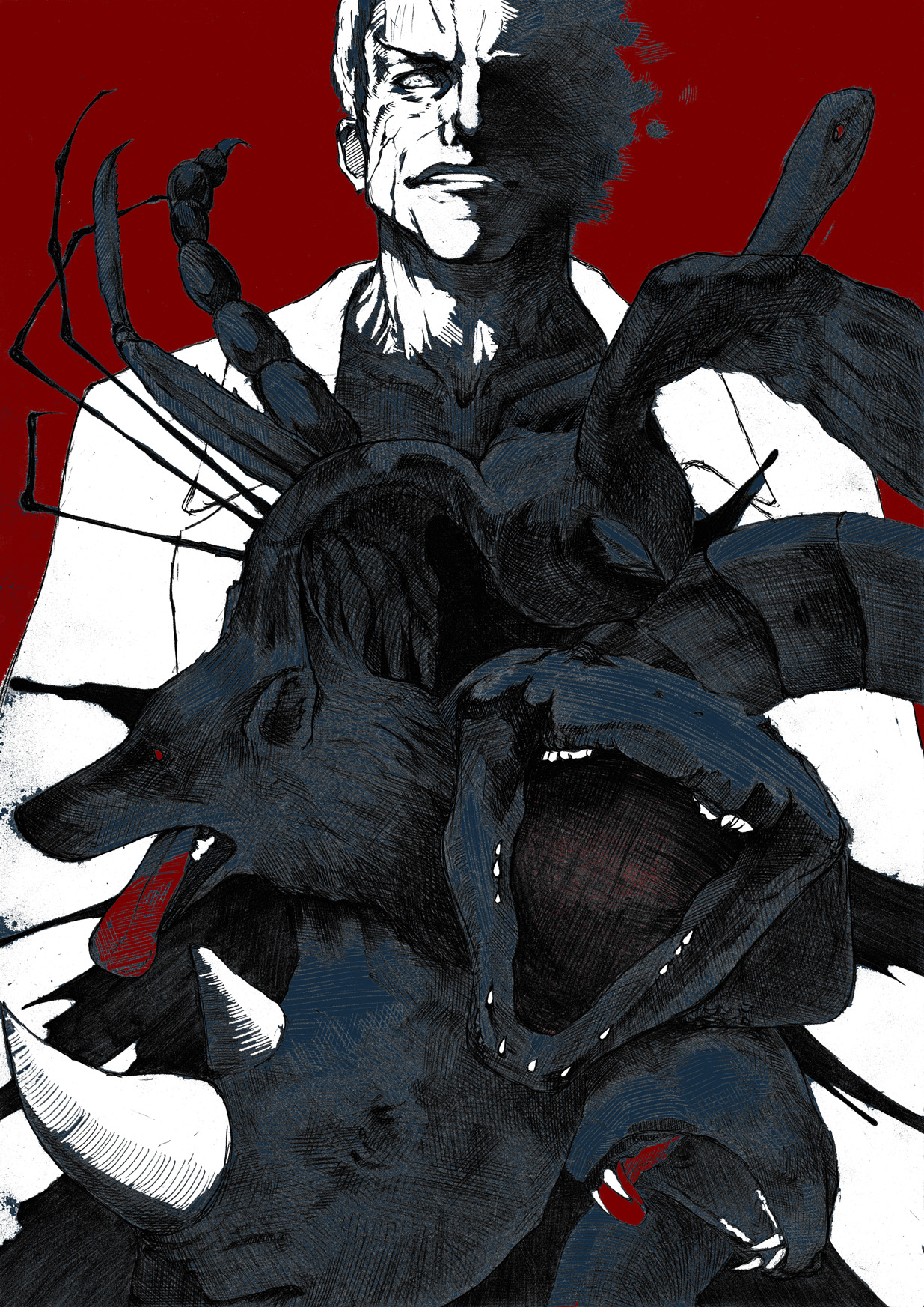 yukinoserizawa, nrvnqsr chaos, tsukihime, type-moon, bad id, bad pixiv id, highres, 00s, 1boy, animal, creature, darkness, male focus, monster, solo