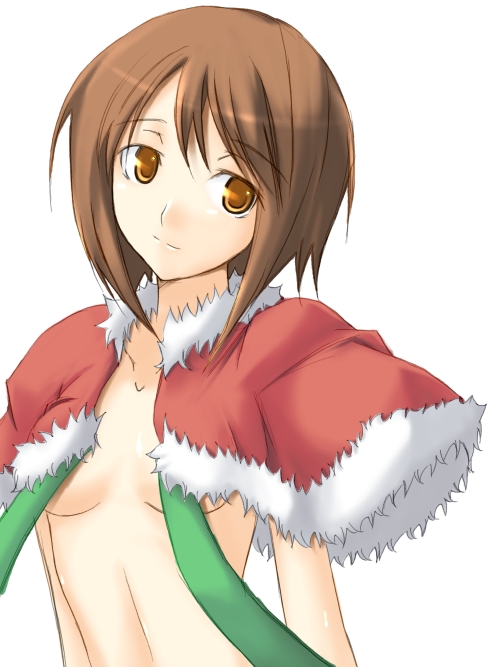 ribi, hagiwara yukiho, idolmaster, idolmaster (classic), 00s, 1girl, brown hair, christmas, female focus, no bra, santa costume, short hair, simple background, solo, yellow eyes