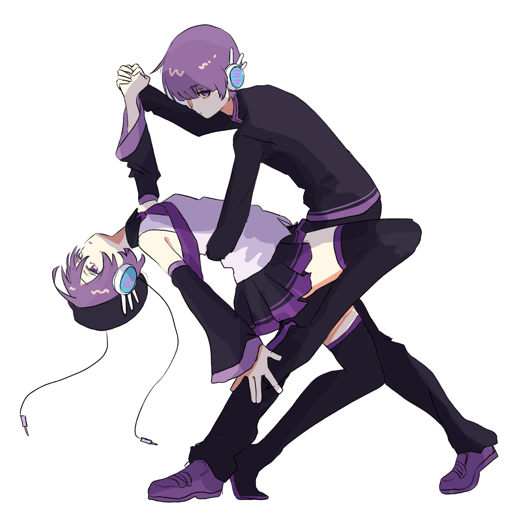 utane uta, utau, hashtag-only commentary, highres, 1boy, 1girl, beret, black boots, black hat, black jacket, black pants, black skirt, black sleeves, boots, bowl cut, brother and sister, closed mouth, collared shirt, defosuke, detached sleeves, dip (dance move), gakuran, hair between eyes, hat, jacket, loafers, long sleeves, looking at viewer, necktie, nodokarasu0906, pants, pleated skirt, purple eyes, purple hair, purple necktie, purple shoes, purple trim, robot ears, school uniform, shirt, shoes, short hair, siblings, simple background, skirt, thigh boots, white background, white shirt