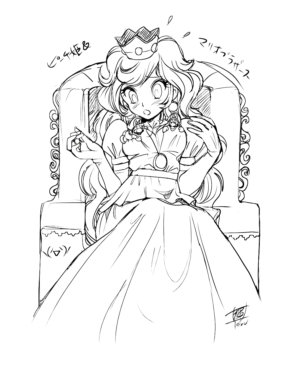teruchan, luigi, mario, princess peach, mario (series), nintendo, highres, 1girl, 2boys, blush, breasts, crown, dress, giant, giantess, grabbing another's breast, greyscale, groping, mini person, miniboy, monochrome, multiple boys, surprised