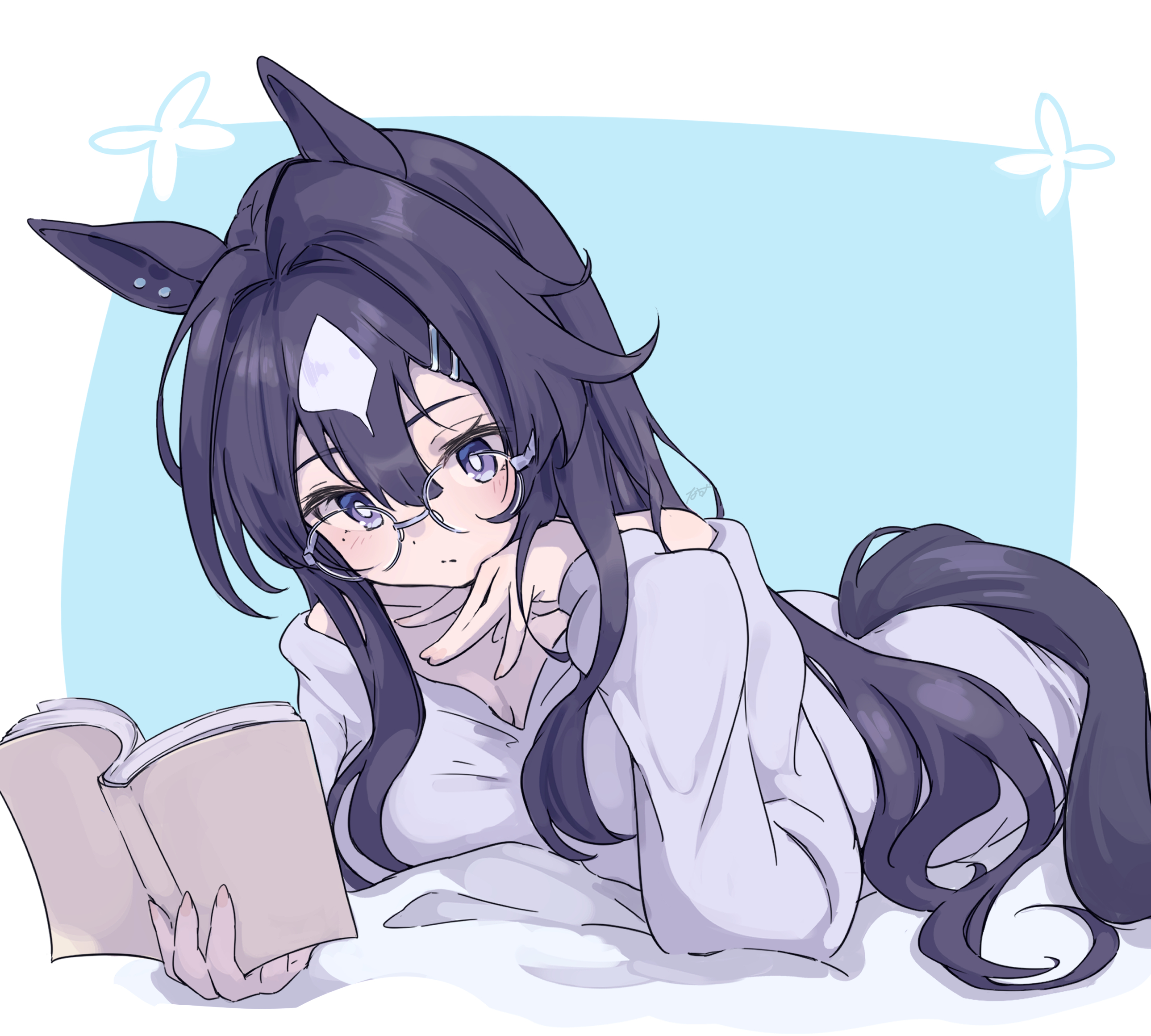 nazmocha, verxina (umamusume), umamusume, highres, 1girl, animal ear piercing, animal ears, black hair, black tail, book, closed mouth, clothing cutout, glasses, hair between eyes, hair intakes, holding, holding book, horse ears, horse girl, horse tail, long hair, lying, mole, mole under eye, on stomach, open book, purple eyes, reading, round eyewear, simple background, solo, tail, tail through clothes