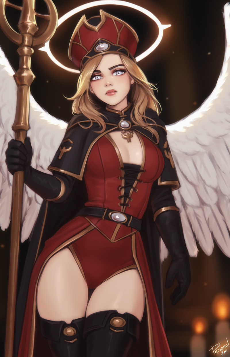 personal ami, original, commentary, english commentary, highres, 1girl, angel, angel wings, black gloves, blonde hair, breasts, elbow gloves, gloves, halo, hat, holding, holding staff, leotard, looking at viewer, red leotard, small breasts, solo, staff, thighhighs, white wings, wings
