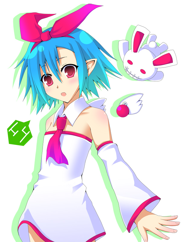 koumei (artist), koumei (harmonizer), pleinair, usagi-san, disgaea, nippon ichi, original, 1girl, blue hair, detached sleeves, female focus, flat chest, hair ribbon, necktie, pointy ears, rabbit, red eyes, ribbon, short hair, solo, thighhighs, wings, zettai ryouiki