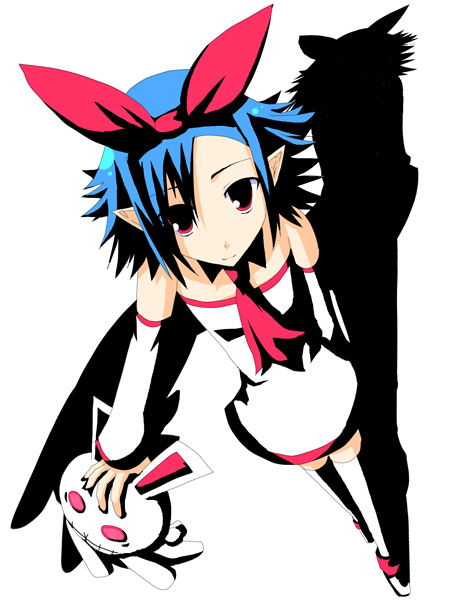 koumei (artist), koumei (harmonizer), pleinair, usagi-san, disgaea, nippon ichi, original, 1girl, blue hair, detached sleeves, female focus, hair ribbon, high contrast, necktie, pointy ears, rabbit, red eyes, ribbon, shadow, short hair, solo, thighhighs, zettai ryouiki