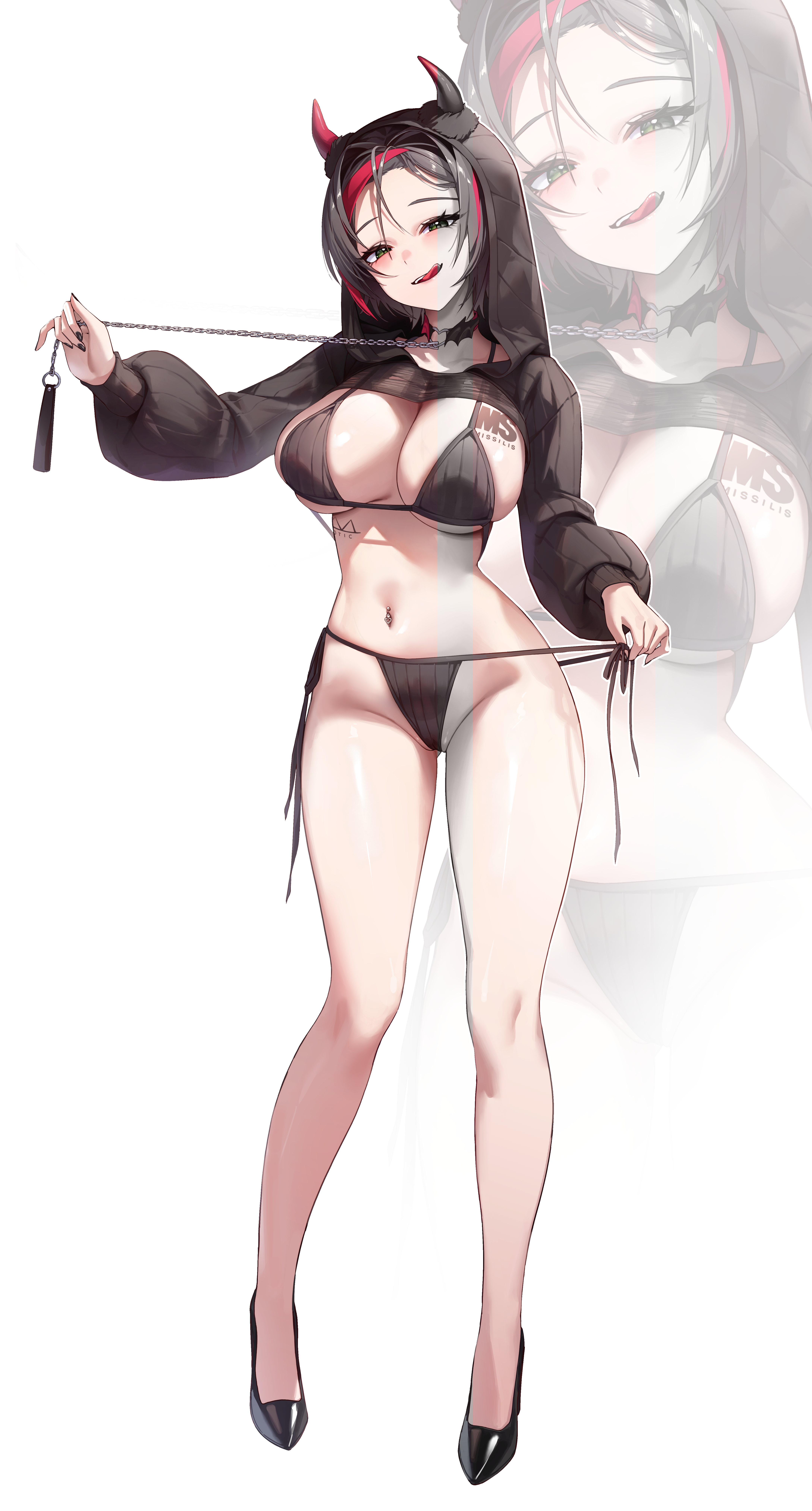 4q (lokcy516), crow (nikke), goddess of victory: nikke, absurdres, commentary, highres, 1girl, :q, bikini, bikini tug, black bikini, black hair, black shoes, black shrug, breast tattoo, breasts, chain, chain leash, full body, green eyes, half-closed eyes, hand up, holding, holding chain, holding leash, hood, hood up, hooded shrug, horned hood, horns, large breasts, leash, looking at viewer, multicolored hair, navel, navel piercing, piercing, puffy sleeves, red streaks, shoes, short hair, shrug (clothing), side-tie bikini bottom, solo, stomach, streaked hair, swimsuit, tattoo, tongue, tongue out, white background, zoom layer