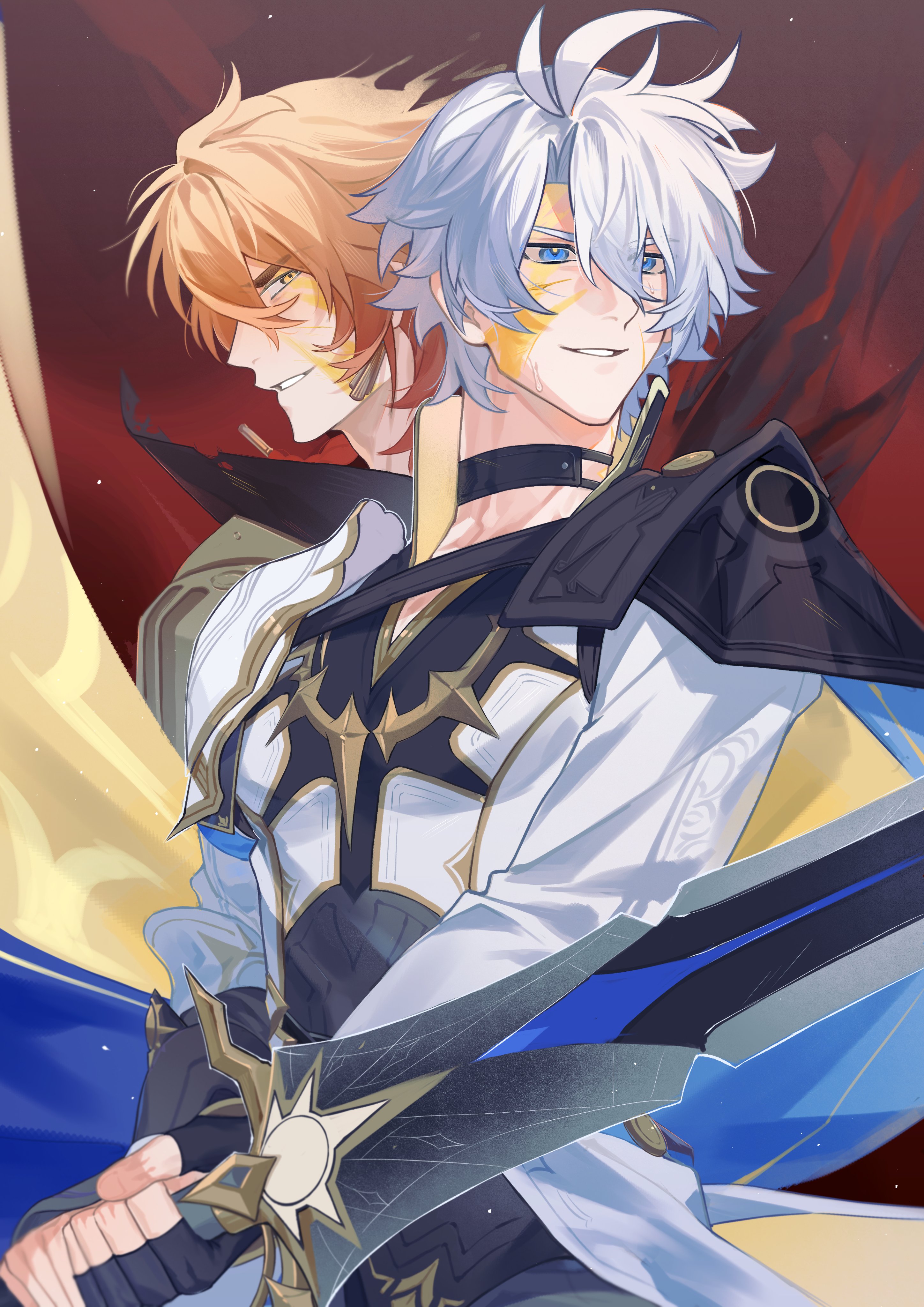 mydei (honkai: star rail), phainon (honkai: star rail), honkai: star rail, honkai (series), absurdres, highres, 2boys, 70 70000, antenna hair, armor, black choker, black coat, black shirt, blonde hair, blood, blood on face, blue eyes, braid, choker, coat, gradient hair, holding, holding sword, holding weapon, male focus, medium hair, multicolored hair, multiple boys, neck tattoo, parted bangs, pauldrons, red hair, shirt, short hair, shoulder armor, side braid, single pauldron, sun symbol, sun tattoo, sword, tan, tattoo, weapon, white coat, white hair, yellow blood, yellow eyes