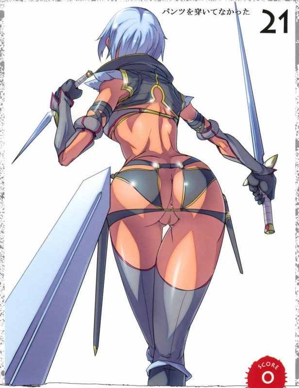akaga hirotaka, fang assassin irma, irma (queen's blade), queen's blade, third-party edit, 00s, anus, ass, back, blue hair, dagger, dark-skinned female, dark skin, elbow gloves, from behind, gloves, knife, no panties, pussy, short hair, solo, sword, thighhighs, uncensored, weapon