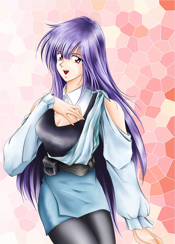 roux louka, gundam, gundam zz, bodysuit, long hair, purple hair, red eyes, solo, spandex