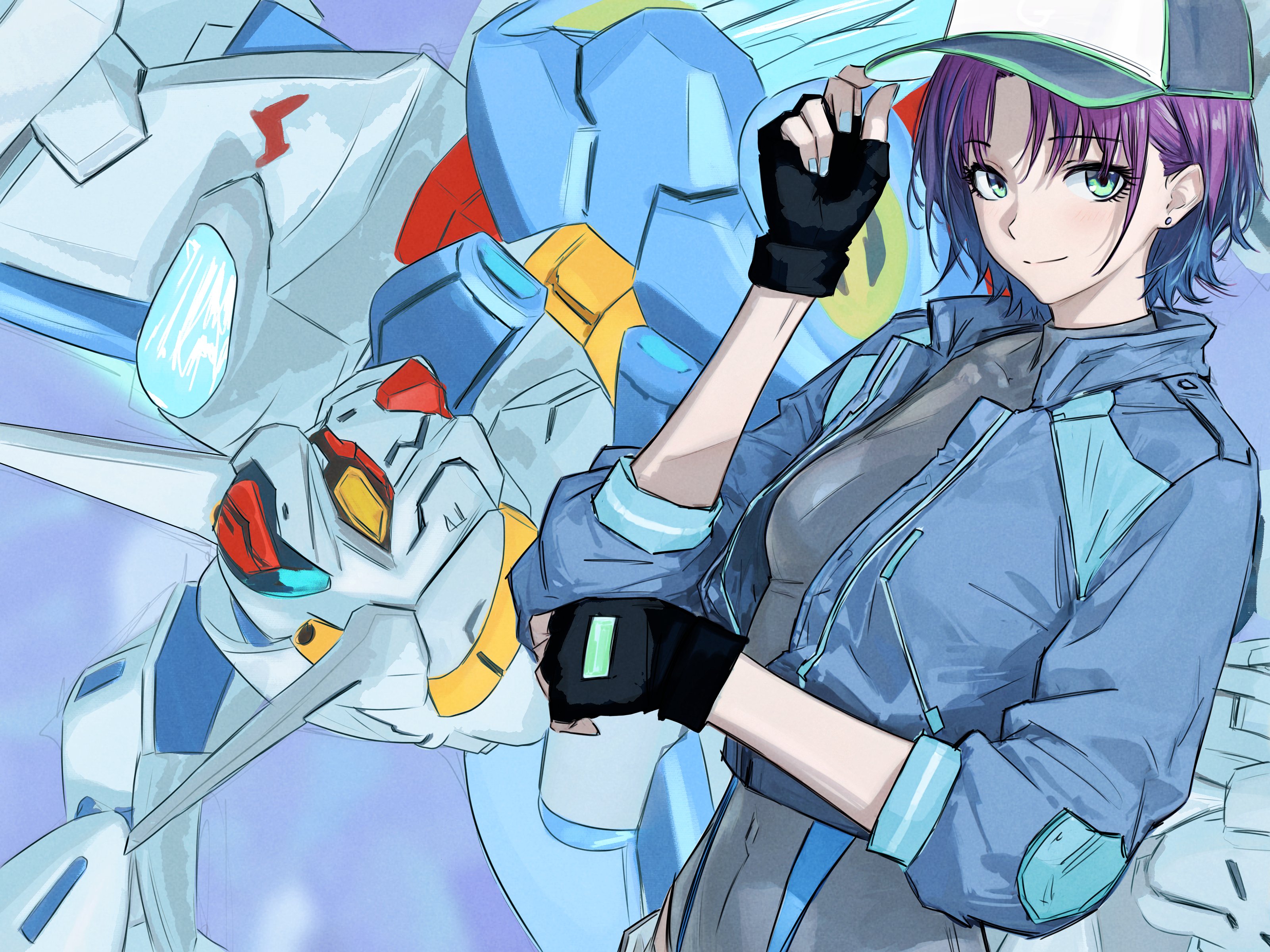 cobwvmeti, asakura toru, gundam, idolmaster, idolmaster shiny colors, absurdres, highres, 1girl, black gloves, blue eyes, blue jacket, blue nails, breasts, earrings, gloves, hat, jacket, jewelry, multicolored hair