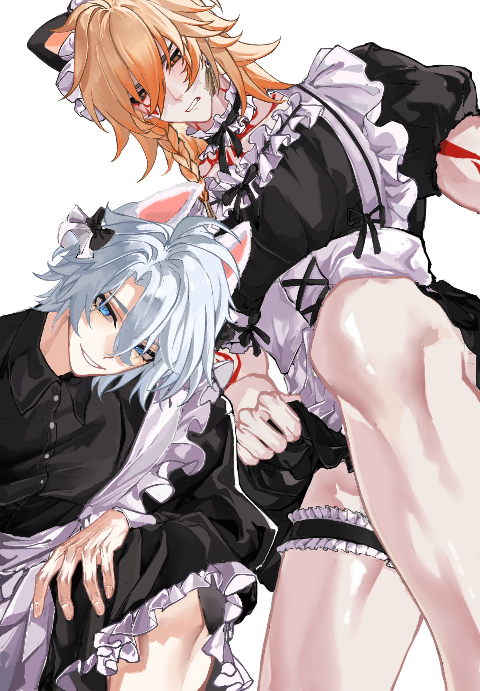 mydei (honkai: star rail), phainon (honkai: star rail), honkai: star rail, honkai (series), chinese commentary, commentary request, highres, 2boys, animal ears, antenna hair, apron, arm tattoo, black dress, blonde hair, blue eyes, blush, braid, caifumima65379, crossdressing, crossdressing (mtf), dress, earrings, facial tattoo, fake animal ears, frilled thigh strap, gold earrings, gradient hair, headband, jewelry, maid, maid apron, maid headdress, male focus, male maid, medium hair, multicolored hair, multiple boys, parted bangs, red hair, red tattoo, short hair, side braid, simple background, tattoo, thigh strap, white background, white hair, yellow eyes