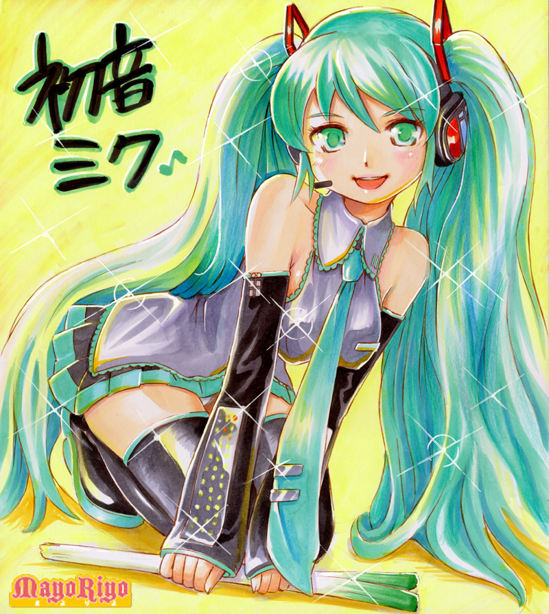 mayo riyo, hatsune miku, vocaloid, bad id, bad pixiv id, 1girl, boots, detached sleeves, female focus, green hair, kneeling, long hair, panties, skirt, solo, spring onion, thigh boots, thighhighs, twintails, underwear, very long hair