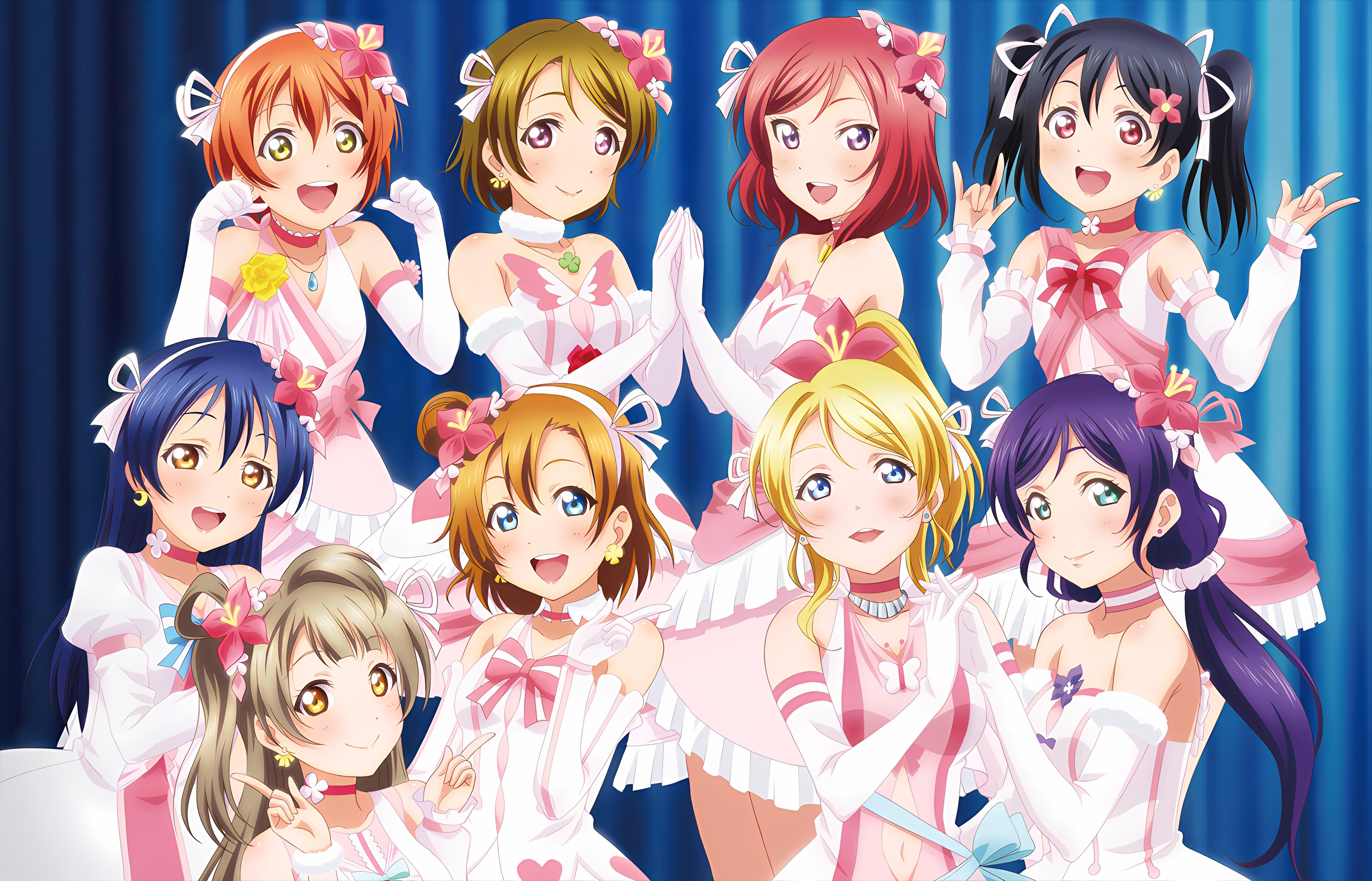 ayase eli, hoshizora rin, koizumi hanayo, kosaka honoka, minami kotori, nishikino maki, sonoda umi, tojo nozomi, yazawa nico, love live!, love live! school idol project, absurdres, highres, non-web source, official art, black hair, blonde hair, blue hair, brown hair, dress, flower, hair flower, hair ornament, holding hands, long hair, multiple girls, orange hair, pink dress, red hair, short hair