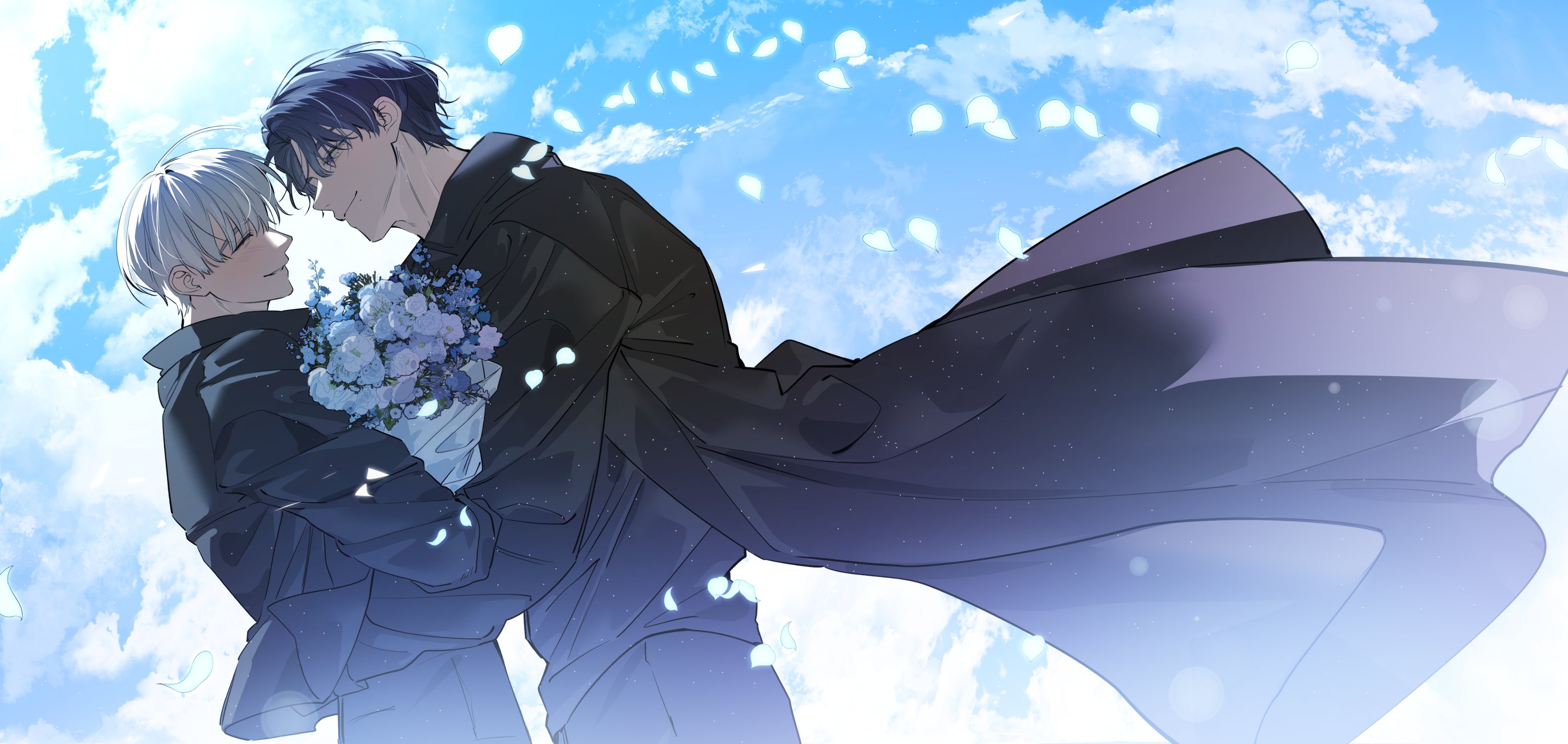 ligong, absurdres, commentary, highres, symbol-only commentary, 2boys, black coat, black hair, blue flower, blue sky, bouquet, cha eui-jae, closed eyes, closed mouth, cloud, coat, facing another, falling petals, flower, from side, hair between eyes, holding, holding bouquet, lee sa-young, long sleeves, looking at another, male focus, multiple boys, parted lips, petals, short hair, sky, smile, the hunter wants to live quietly, white flower, white hair, white petals, yaoi