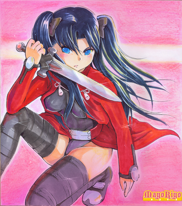 mayo riyo, archer (fate), tohsaka rin, fate/stay night, fate (series), bad id, bad pixiv id, 1girl, archer (fate) (cosplay), black hair, blue eyes, boots, cosplay, female focus, solo, sword, thigh boots, thighhighs, twintails, two side up, weapon