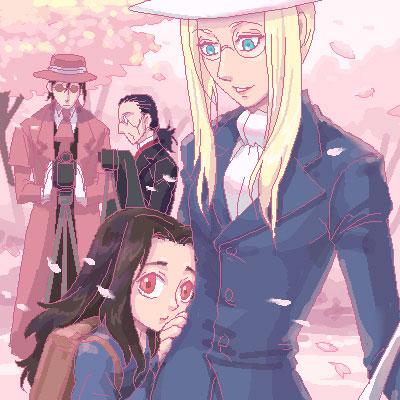 alucard (hellsing), integra hellsing, rip van winkle (hellsing), walter, walter c. dornez, hellsing, lowres, 2boys, 2girls, aged down, black hair, blonde hair, blue eyes, cherry blossoms, glasses, hat, monocle, monocle chain, multiple boys, multiple girls, oekaki, red eyes, sunglasses