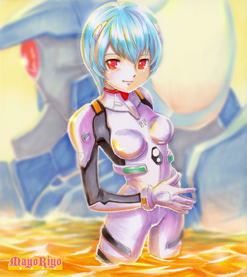 mayo riyo, ayanami rei, neon genesis evangelion, bad id, bad pixiv id, blue hair, bodysuit, lcl, mecha pilot suit, plugsuit (evangelion), red eyes, short hair, solo