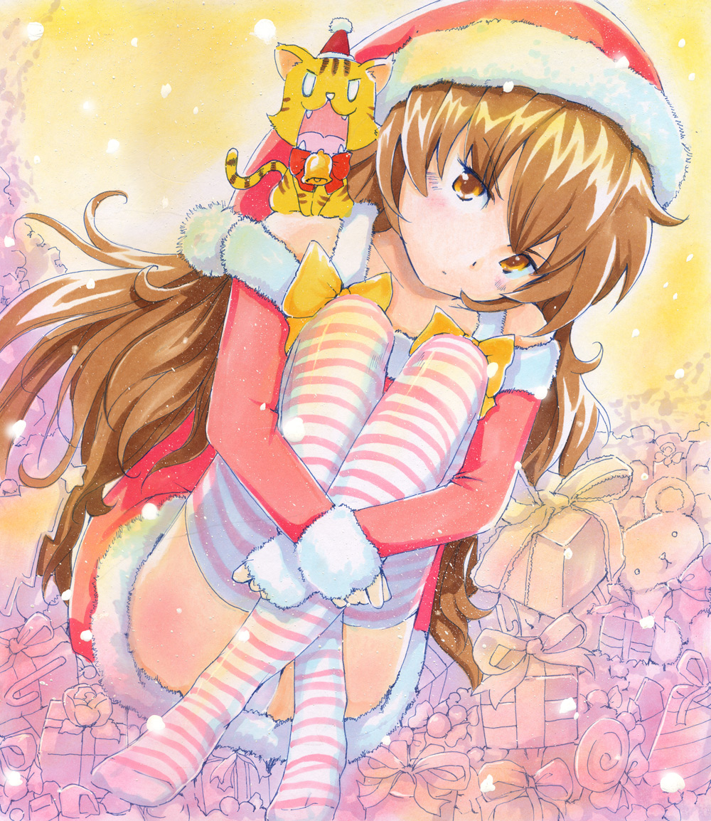 mayo riyo, aisaka taiga, palmtop tiger, toradora!, bad id, bad pixiv id, 00s, 1girl, animal, animal on shoulder, bell, box, brown eyes, brown hair, christmas, female focus, gift, gift box, hat, head tilt, hugging own legs, long hair, looking at viewer, panties, pantyshot, santa costume, santa hat, sitting, solo, striped clothes, striped thighhighs, thighhighs, tiger, underwear