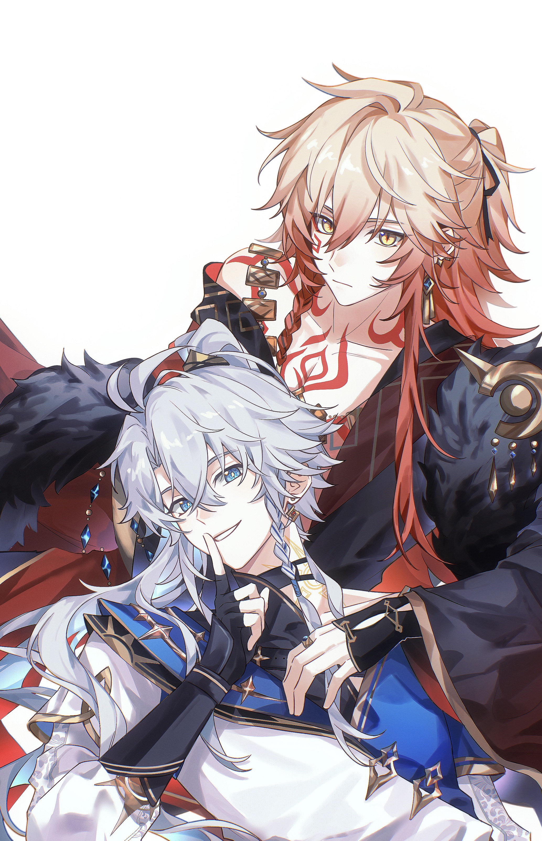 linlinzi195, mydei (honkai: star rail), phainon (honkai: star rail), honkai: star rail, honkai (series), absurdres, chinese commentary, commentary request, highres, 2boys, antenna hair, black choker, black coat, blonde hair, blue coat, blue eyes, braid, chest tattoo, choker, coat, earrings, facial tattoo, fur-trimmed coat, fur trim, gold earrings, gold necklace, gradient hair, high ponytail, jewelry, long hair, male focus, multicolored coat, multicolored hair, multiple boys, neck tattoo, necklace, parted bangs, ponytail, red hair, red tattoo, side braid, simple background, sun symbol, sun tattoo, tan, tattoo, two-tone coat, white background, white coat, white hair, yellow eyes