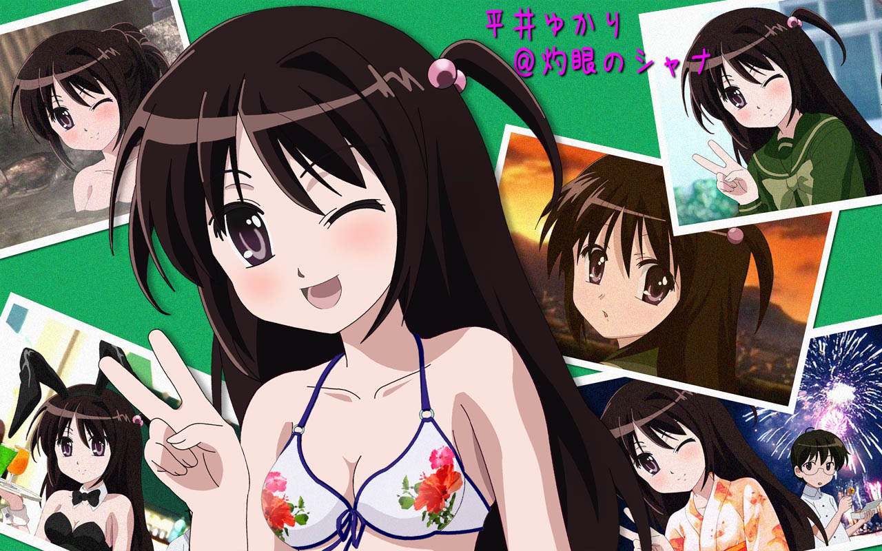 hirai yukari, ike hayato, shakugan no shana, non-web source, third-party edit, 00s, 1boy, 1girl, animal ears, bikini, bikini top only, black eyes, black hair, blush, fake animal ears, floral print, front-tie top, japanese clothes, kimono, long hair, o-ring, o-ring top, one eye closed, photo (object), playboy bunny, rabbit ears, school uniform, swimsuit, twintails, v, wink, yukata