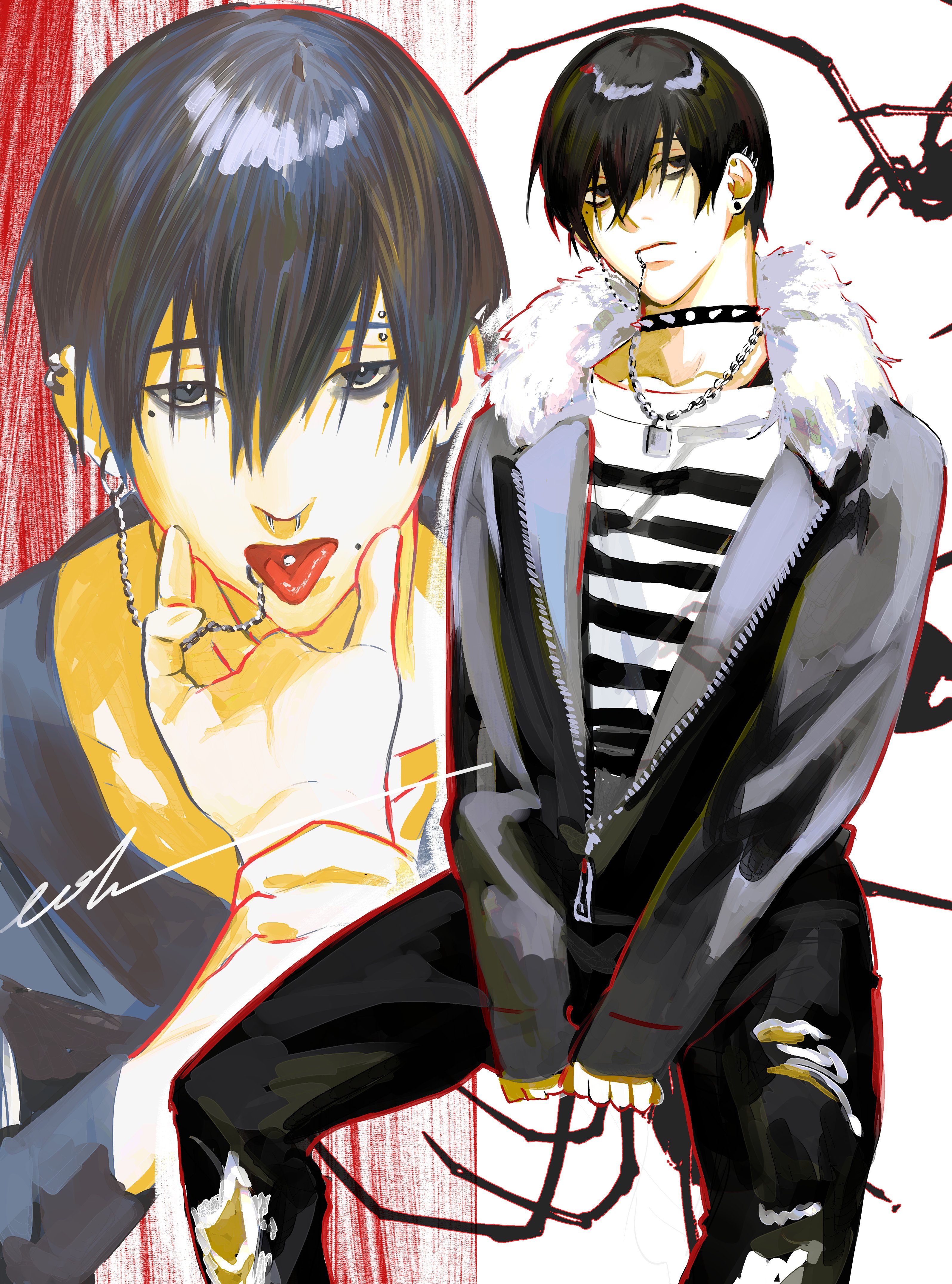 eohme, tsujinaka yoshiki, hikaru ga shinda natsu, absurdres, highres, 1boy, alternate costume, bags under eyes, black eyes, black hair, collar, ear piercing, earrings, face piercing, fur trim, hair between eyes, jacket, jewelry, lip piercing, long sleeves, male focus, mole, mole under eye, mole under mouth, multiple moles, multiple piercings, multiple views, necklace, nose piercing, piercing, shirt, short hair, signature, spiked collar, spikes, striped clothes, striped shirt, tongue piercing, zipper, zipper pull tab