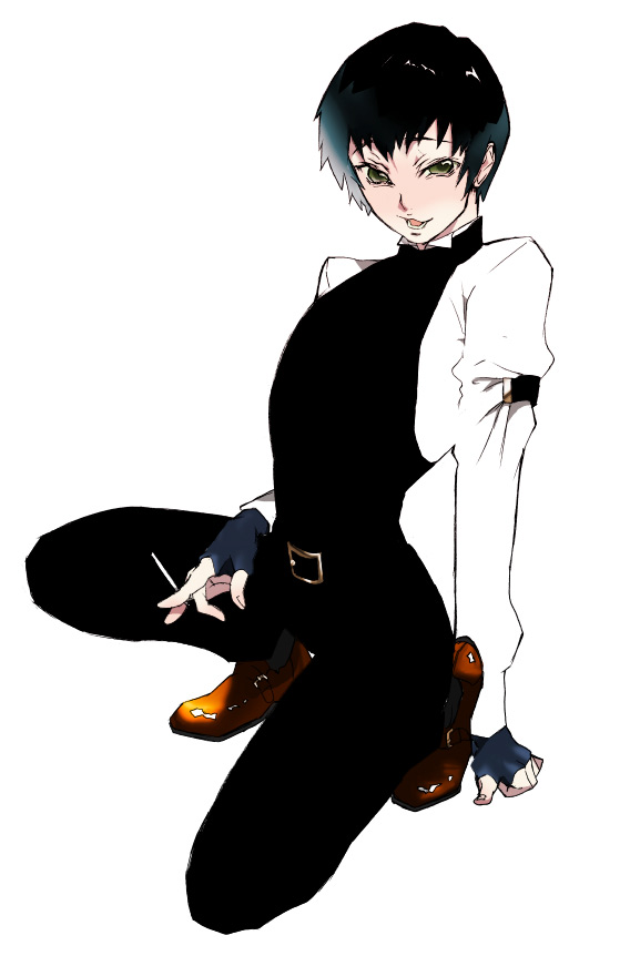 miwa hitomi, walter, walter c. dornez, hellsing, hellsing: the dawn, bad id, bad pixiv id, 1boy, androgynous, belt, black hair, butler, cigarette, fingerless gloves, gloves, male focus, short hair, smoking, solo, vest