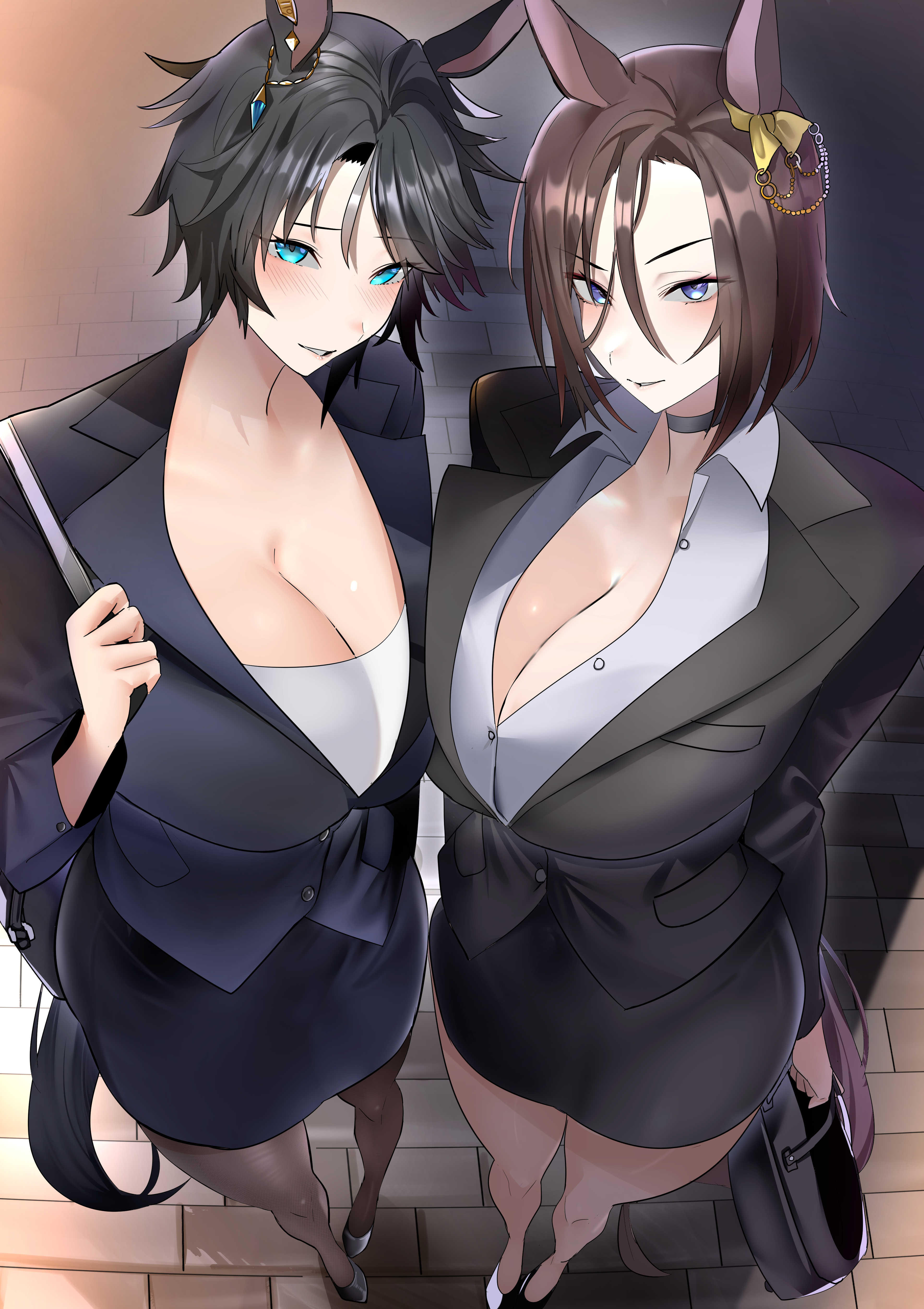 jitome no tsugumi, air groove (umamusume), fuji kiseki (umamusume), umamusume, absurdres, highres, 2girls, alternate costume, animal ears, breasts, business suit, cleavage, formal clothes, horse ears, horse girl, horse tail, large breasts, multiple girls, office lady, pantyhose, pencil skirt, skirt, suit, tail