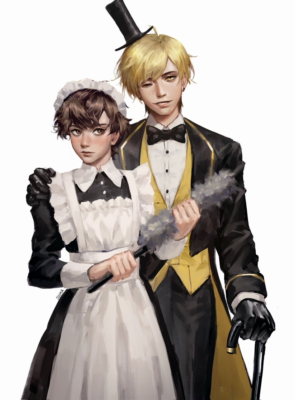 suikamelony, bill cipher, dipper pines, gravity falls, highres, 2boys, aged up, alternate costume, apron, black dress, blonde hair, bow, bowtie, brown eyes, brown hair, crossdressing, crossdressing (mtf), dress, earrings, enmaided, frilled apron, frills, hat, jewelry, lips, long sleeves, maid, maid apron, maid headdress, male focus, male maid, multicolored hair, multiple boys, nose, one eye closed, painterly, personification, realistic, shirt, short hair, simple background, slit pupils, smile, top hat, two-tone hair, vest, white apron, yellow eyes