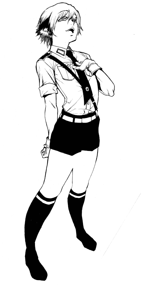 miwa hitomi, schroedinger (hellsing), hellsing, bad id, bad pixiv id, 1boy, animal ears, belt, cat boy, cat ears, full body, gloves, greyscale, male focus, military, military uniform, monochrome, nazi, necktie, sam browne belt, short hair, shorts, socks, solo, standing