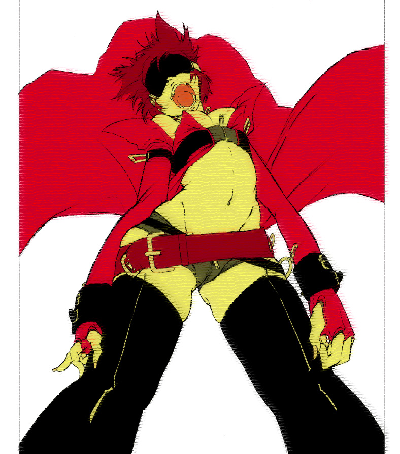 miwa hitomi, ennea, demonbane, bad id, bad pixiv id, 00s, 1girl, belt, belt skirt, blindfold, boots, buckle, coat, fang, fangs, female focus, fingerless gloves, gloves, navel, open mouth, red hair, short hair, short shorts, shorts, solo, thigh boots, thighhighs, trench coat, zipper