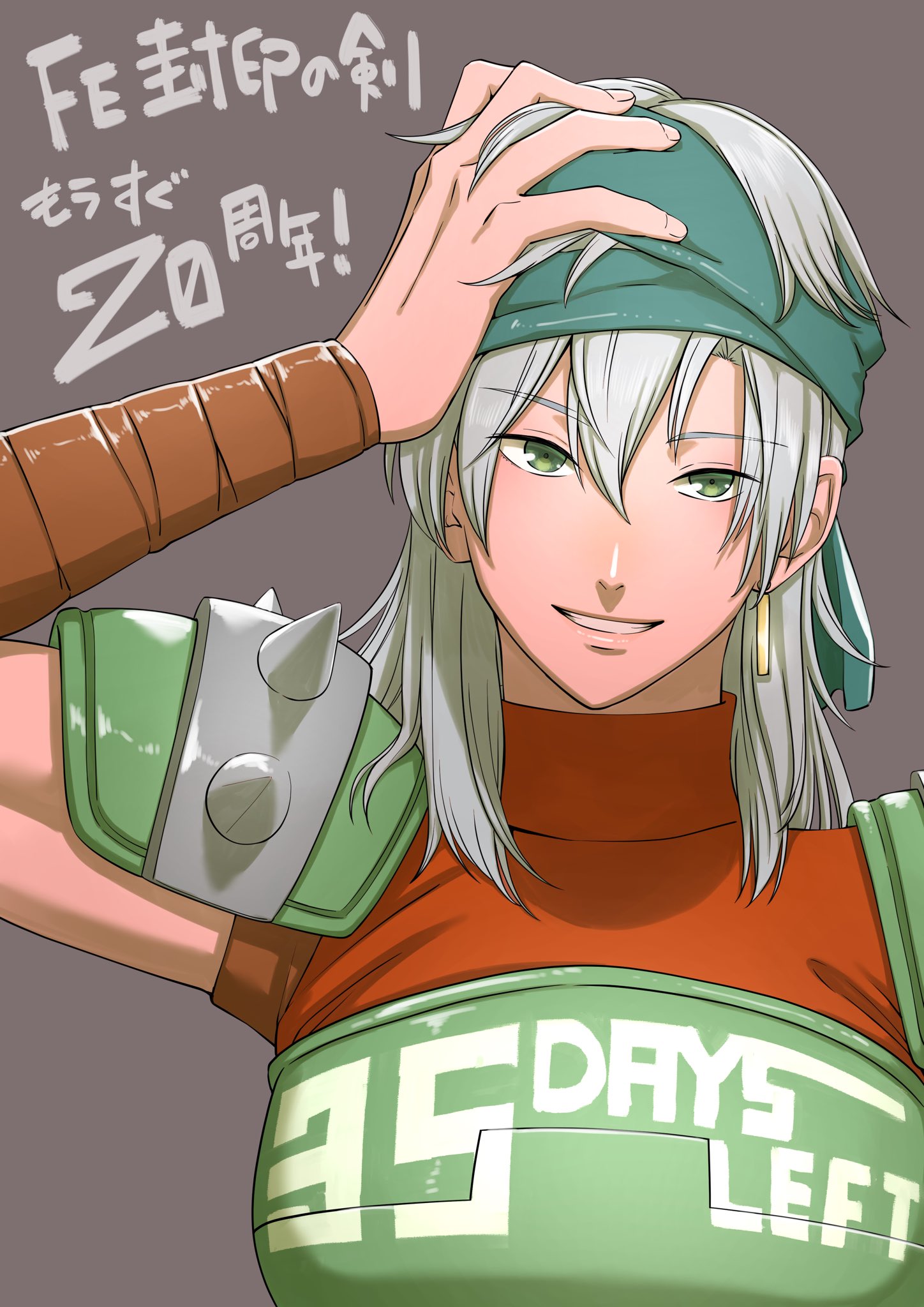 aduti momoyama, echidna (fire emblem), fire emblem, fire emblem: the binding blade, nintendo, highres, 1girl, armor, breastplate, breasts, earrings, green headband, grey hair, grin, hand on own head, headband, jewelry, looking at viewer, medium breasts, medium hair, orange shirt, pauldrons, shirt, shoulder armor, single earring, smile, solo, spiked pauldrons, spikes, upper body