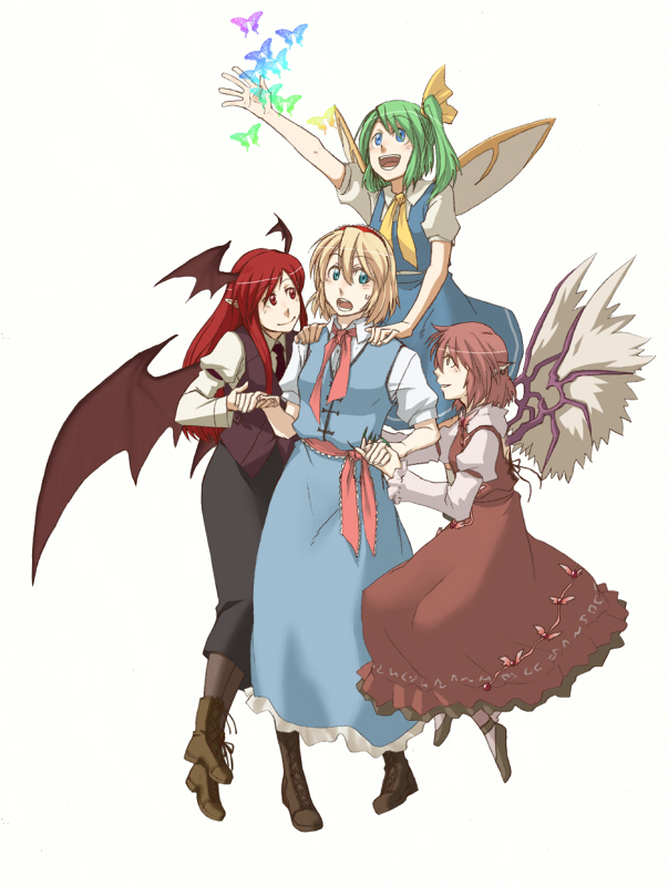 torinone, alice margatroid, daiyousei, koakuma, mystia lorelei, touhou, hands on shoulders, 4girls, bat wings, blonde hair, blue eyes, blush, boots, bug, butterfly, dress, female focus, flying, green hair, group hug, hairband, hand on another's shoulder, hands on another's shoulders, happy, harem, head wings, holding hands, hug, insect, long hair, multiple girls, necktie, open mouth, pointy ears, ponytail, red eyes, red hair, short hair, side ponytail, smile, surprised, sweat, vest, wings, yuri