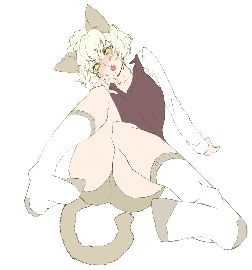 miwa hitomi, neferpitou, hunter x hunter, 1boy, androgynous, animal ears, bike shorts, blonde hair, blush, cat ears, cat tail, feet, male focus, open mouth, other focus, short hair, sitting, socks, solo, sweater vest, tail, trap, vest, wavy hair, yellow eyes