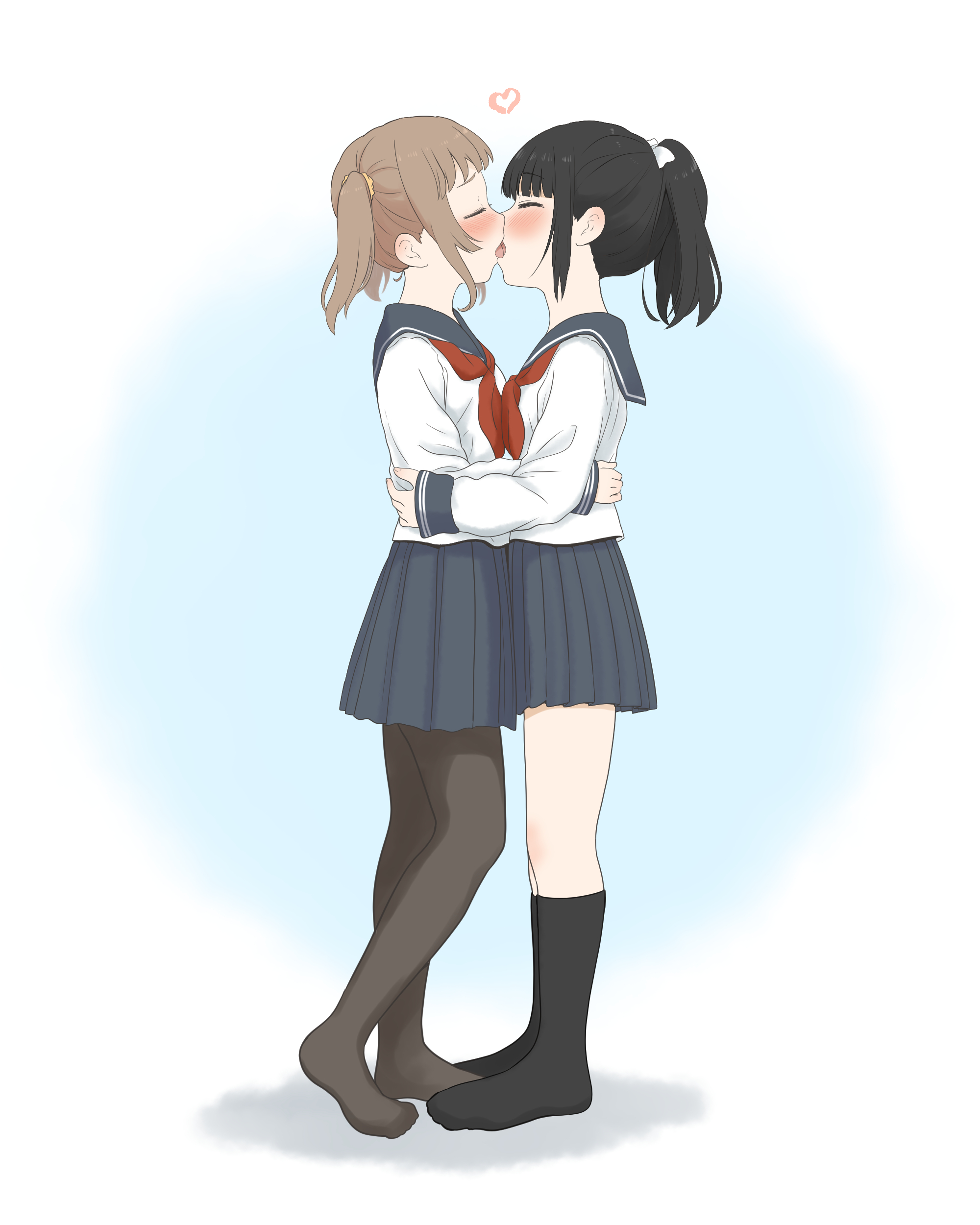 kurosawa karura, original, absurdres, commentary request, highres, 2girls, black hair, black pantyhose, black sailor collar, black skirt, black socks, blue background, blush, brown hair, closed eyes, french kiss, hand on another's waist, heart, kiss, kneehighs, long hair, multiple girls, neckerchief, pantyhose, pleated skirt, ponytail, red neckerchief, sailor collar, school uniform, serafuku, shirt, skirt, socks, tongue, tongue out, twintails, two-tone background, white background, white shirt, yuri