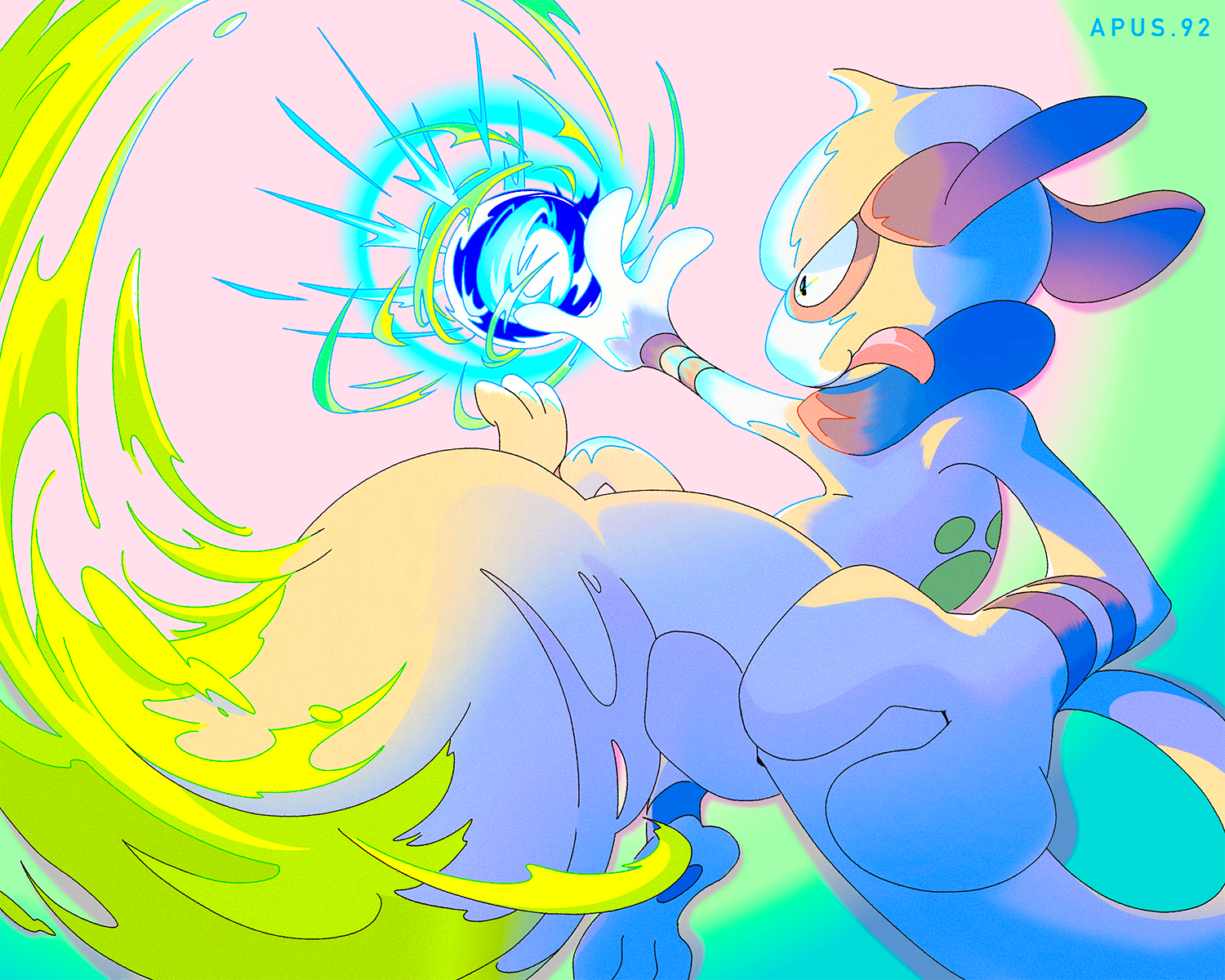 apus 92, smeargle, nintendo, pokemon, highres, artist name, aura sphere (pokemon), full body, gen 2 pokemon, pokemon (creature), solo, tail, tongue, tongue out