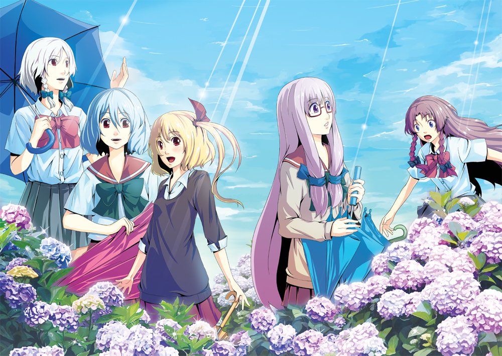 satori, satori (transient wind), flandre scarlet, hong meiling, izayoi sakuya, patchouli knowledge, remilia scarlet, touhou, bad id, bad pixiv id, 5girls, alternate costume, bespectacled, contemporary, female focus, flower, glasses, gradient background, hydrangea, multiple girls, nature, one side up, outdoors, plant, school uniform, skirt, sky, umbrella