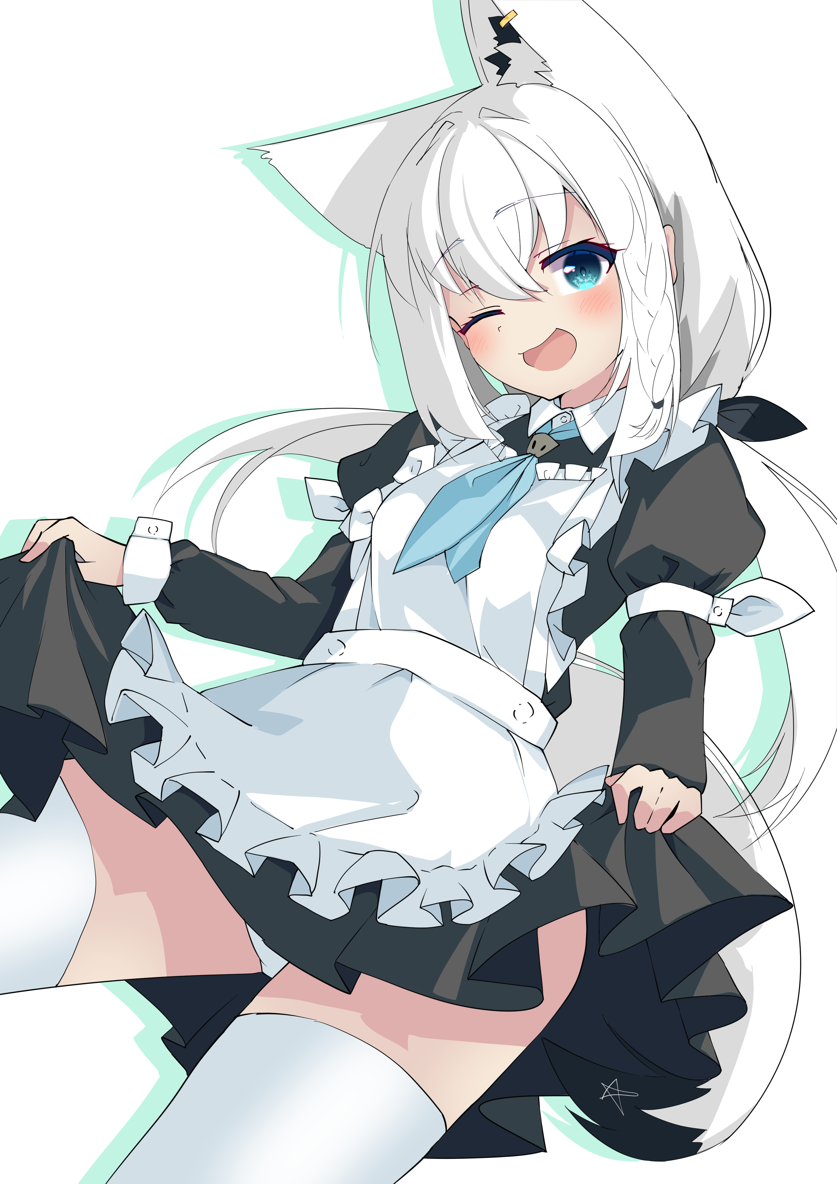 shirayuki (snow link), shirakami fubuki, hololive, absurdres, commentary, highres, 1girl, :d, animal ear piercing, animal ears, apron, black dress, black thighhighs, blue eyes, blush, breasts, dated commentary, dress, fox ears, fox girl, fox tail, frilled apron, frills, garter straps, hair between eyes, juliet sleeves, long hair, long sleeves, looking at viewer, low twintails, maid, maid apron, one eye closed, open mouth, outline, panties, pantyshot, puffy sleeves, simple background, small breasts, smile, solo, tail, thighhighs, twintails, underwear, virtual youtuber, white apron, white background, white hair, white outline, white panties