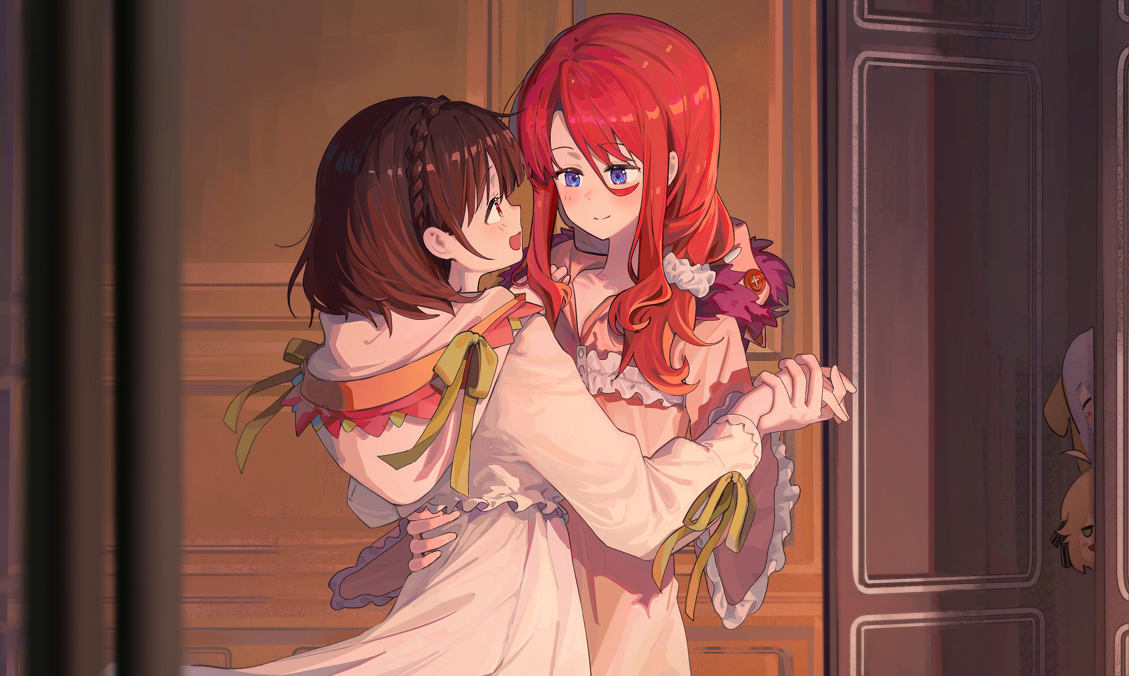 ydpfa, anisphia wynn palettia, euphyllia magenta, ilia coral, lainie cyan, tensei oujo to tensai reijou no mahou kakumei, absurdres, chinese commentary, commentary request, commission, highres, second-party source, 4girls, black hair, blonde hair, braid, closed mouth, crown braid, dancing, dress, grey hair, hand on another's waist, holding hands, hooded dress, indoors, long hair, looking at another, medium hair, multiple girls, night, open mouth, pajamas, pink dress, purple eyes, red eyes, red hair, smile, white dress, yuri