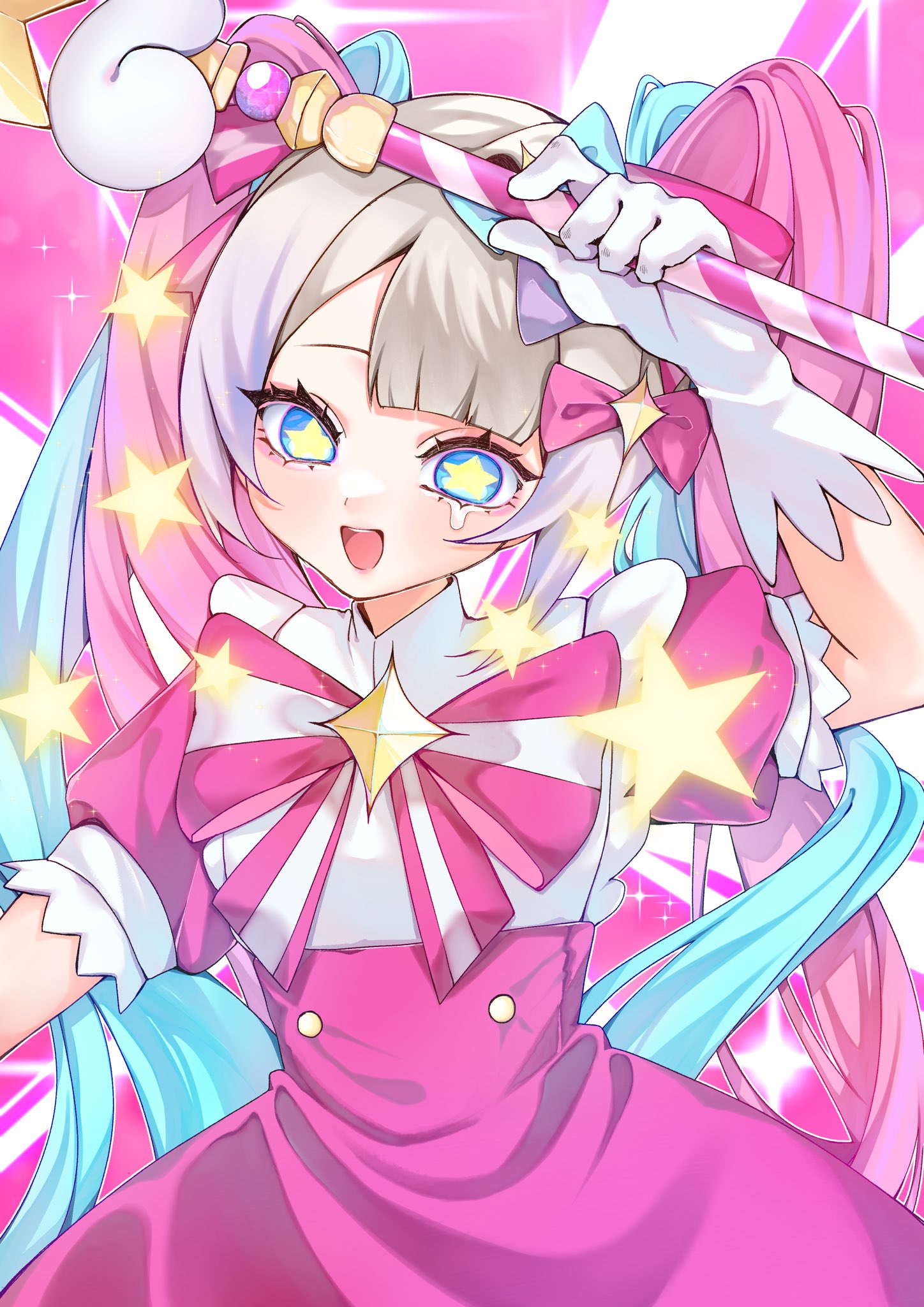 chouzetsusaikawa tenshi-chan, needy girl overdose, highres, 1girl, :d, alternate costume, blonde hair, blue eyes, blue hair, blunt bangs, brooch, chest bow, colored tips, cowboy shot, dress, gloves, hand up, holding, holding wand, jewelry, looking at viewer, magical girl, multicolored hair, open mouth, paperabbit 0702, pink dress, pink hair, quad tails, sidelocks, smile, solo, sparkle, star-shaped pupils, star (symbol), symbol-shaped pupils, wand, white gloves